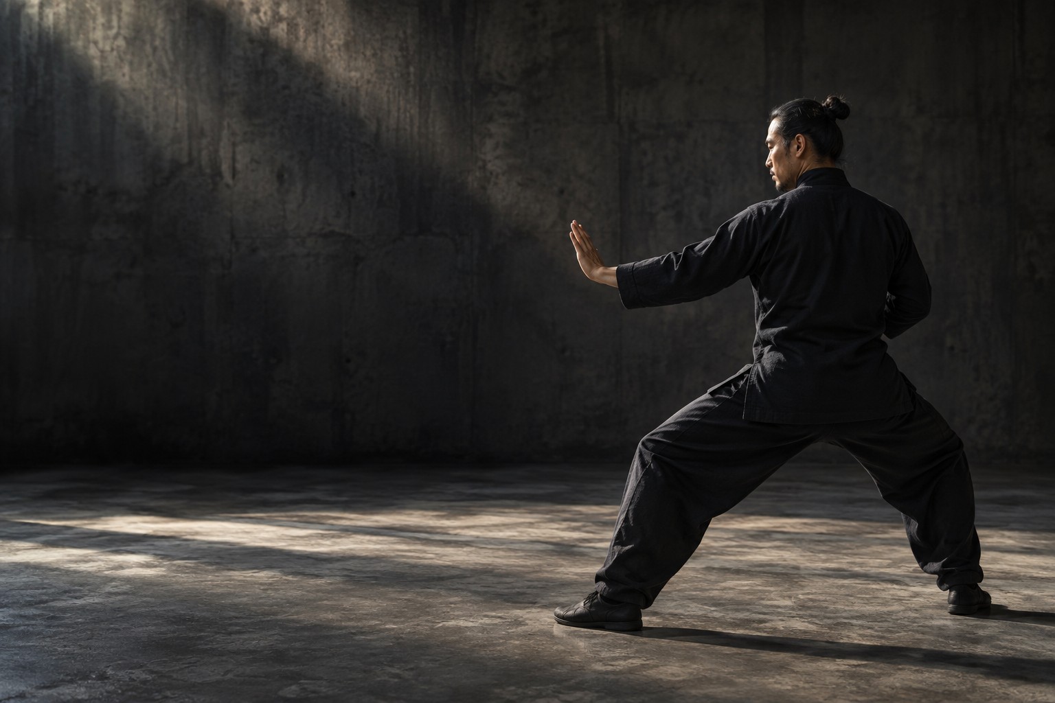 A martial artist holding a grounded stance in a quiet training space