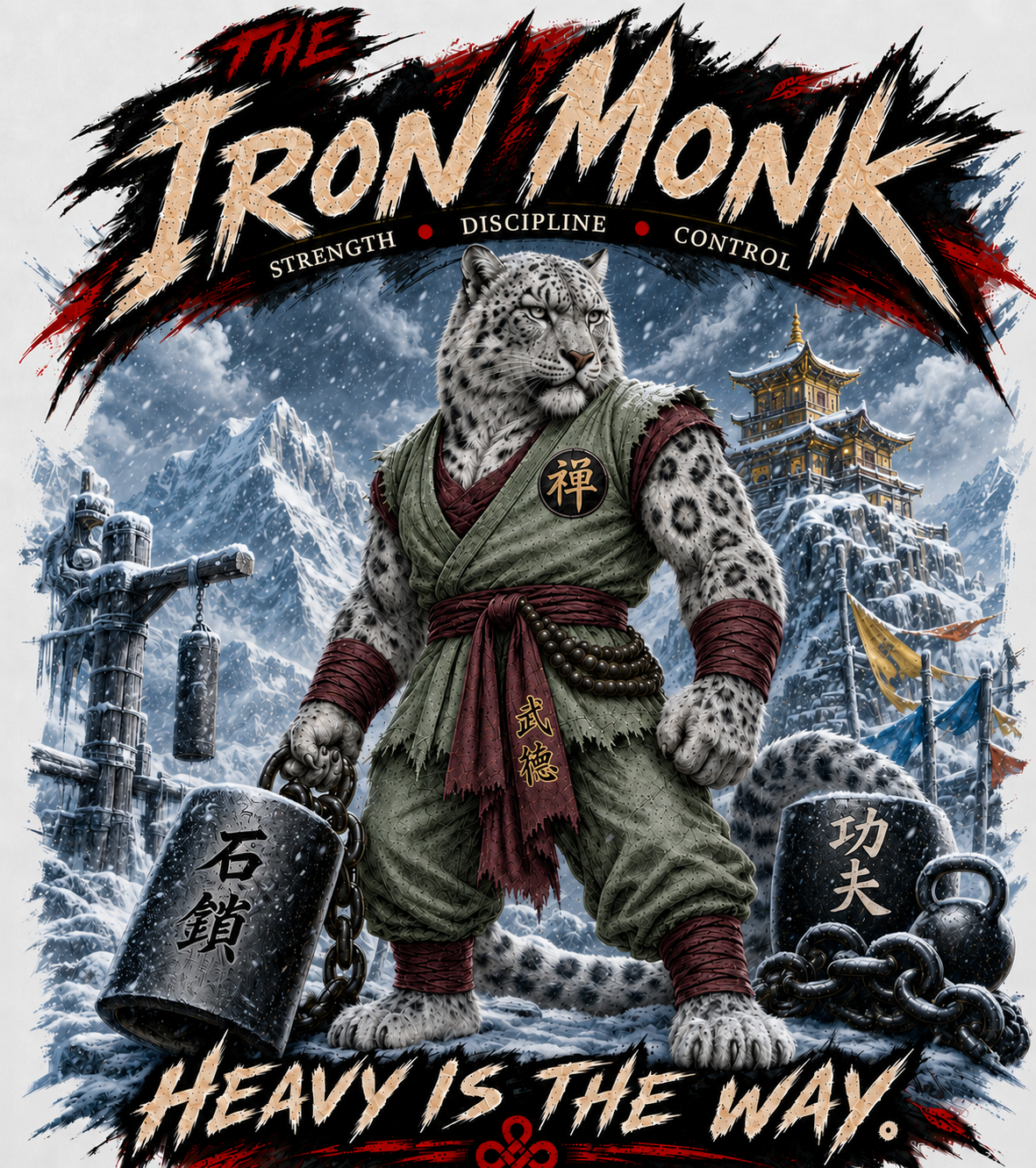 The Iron Monk: a snow leopard martial artist in a mountain training courtyard