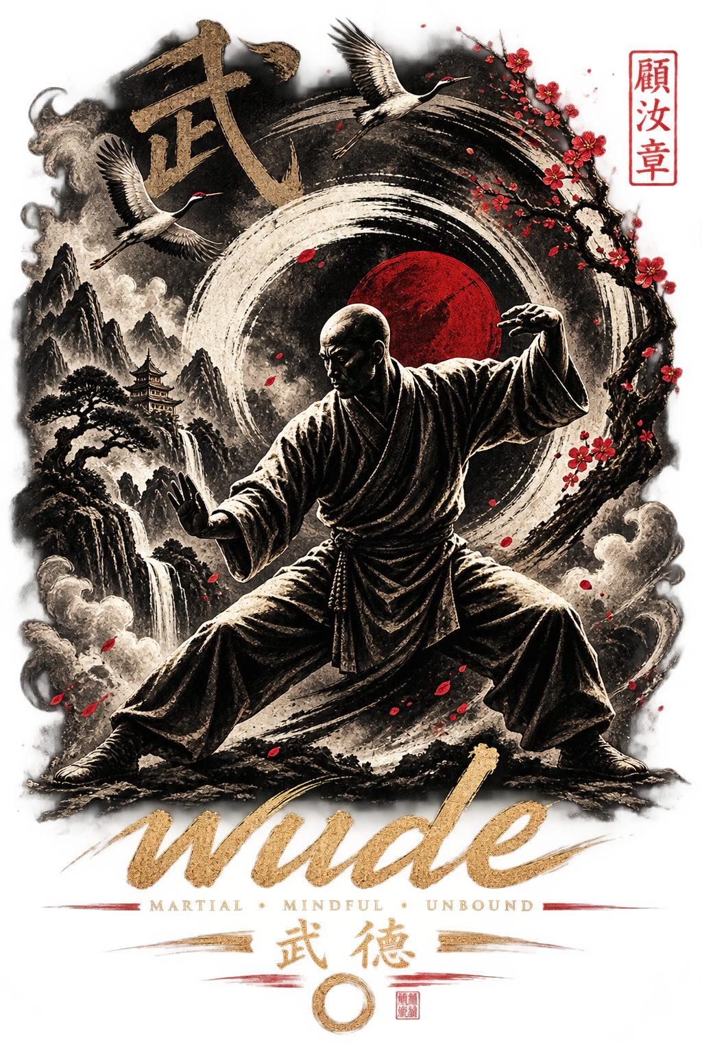 Cranes, mountains, gold calligraphy and a red sun in WU-DE martial artwork
